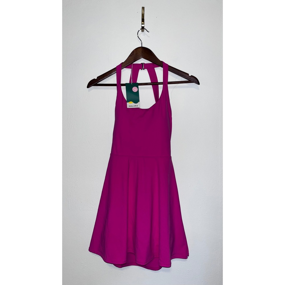 Halara Womens Hot Pink Halter Neck Athletic Tennis Dress Built-in Shorts NEW